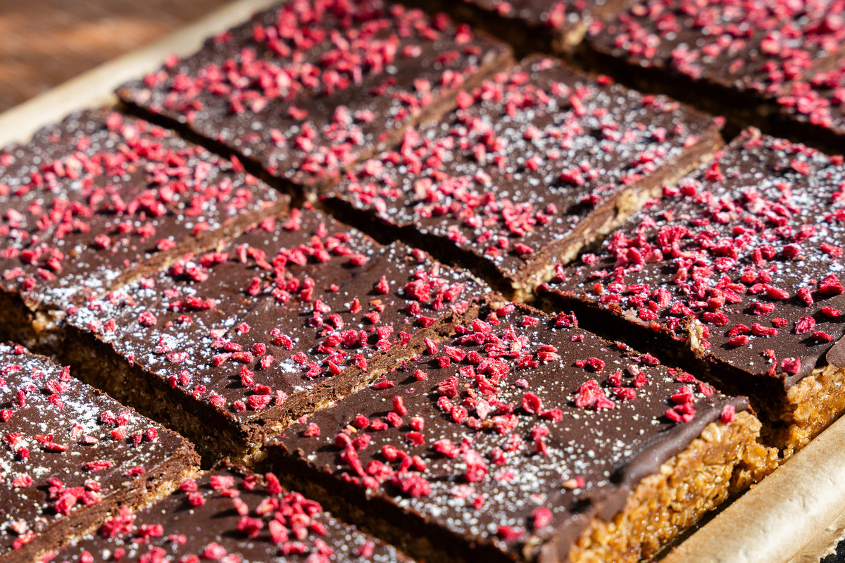 Raspberry & Chocolate Flapjack cake Gluten Free & Vegan