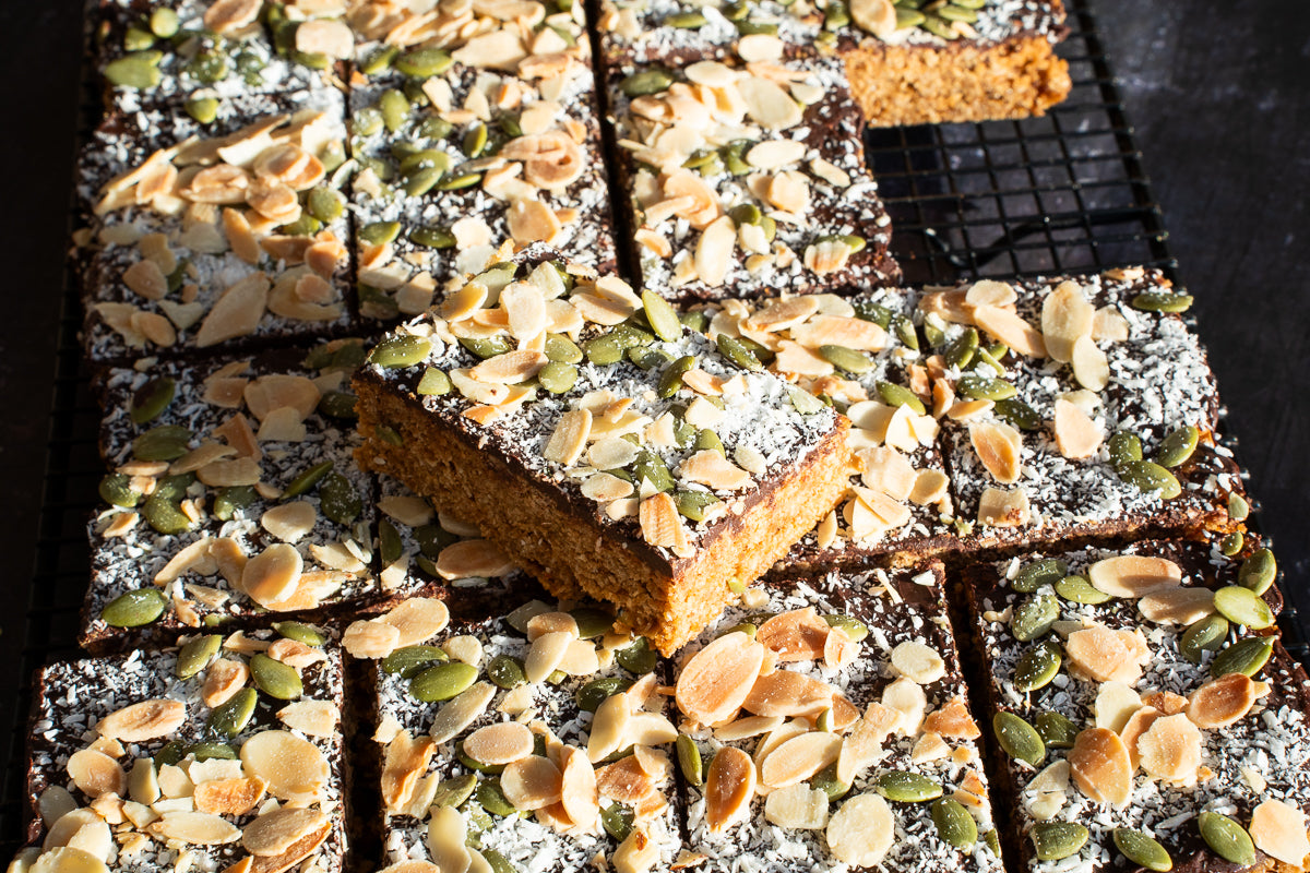 Chocolate Flapjack - Vegan Gluten Free Dairy Free Oat Bar with Chocolate Coconut and Seeds | A Taste of Dreams Wholesale Bakery UK