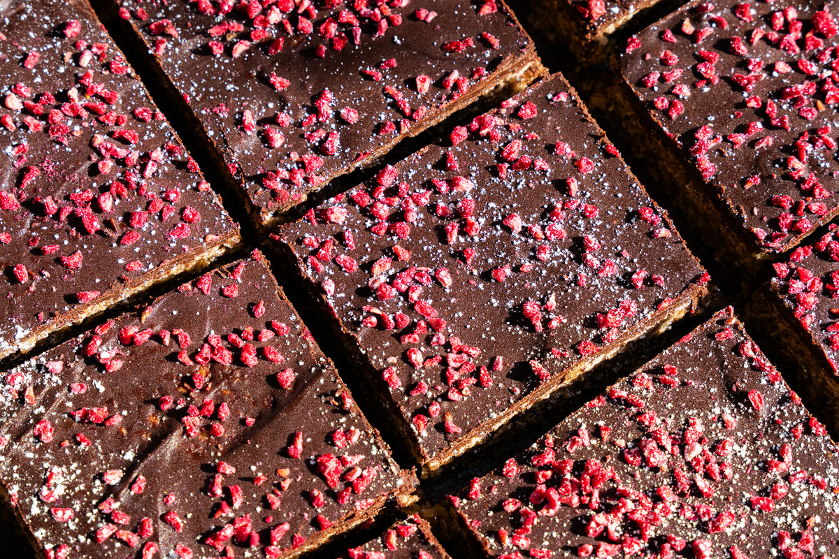 Raspberry & Chocolate Flapjack Tray cake Gluten Free & Vegan